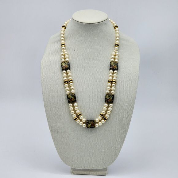Japan Faux Pearl & Black Floral Painted Lacquered Square Bead 28" Necklace - Picture 1 of 8